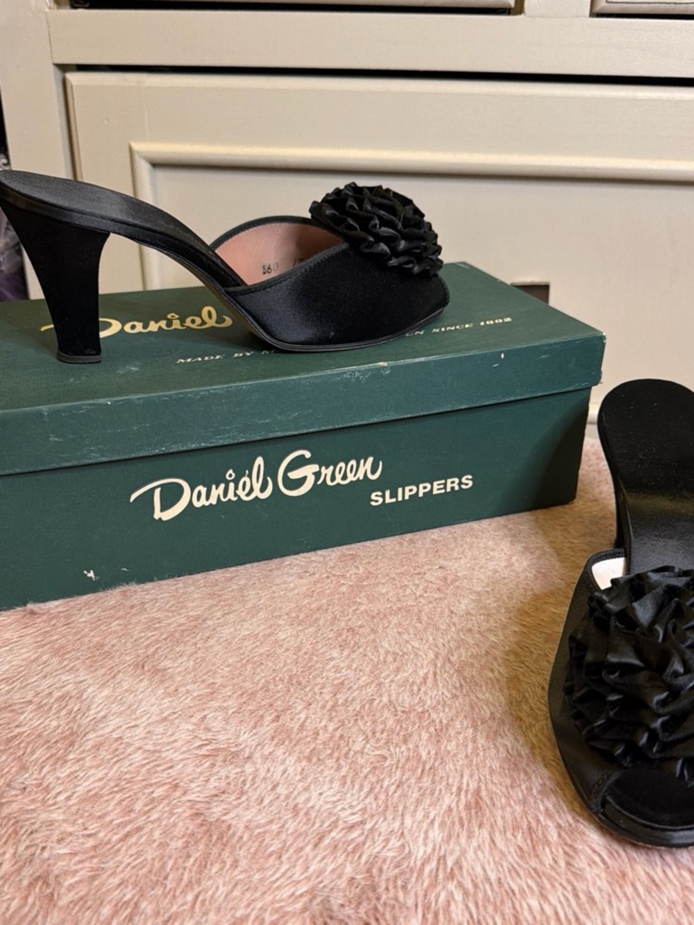 1950’s Daniel Green Black Satin Rosette Mule Heels | Vintage Slip-On Sandals